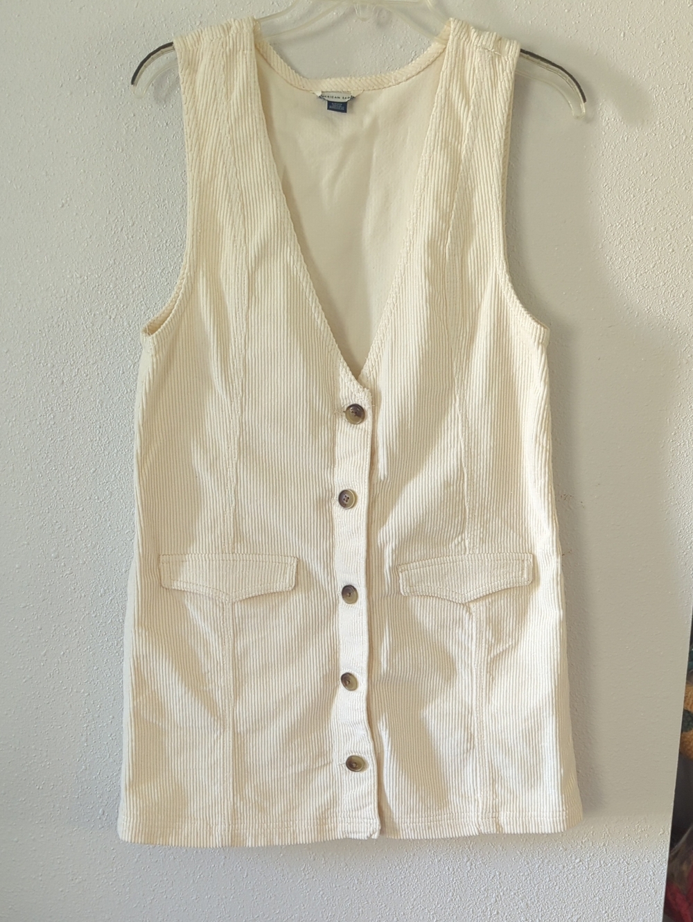 American Eagle Above The Knee Cream Button-Front Corduroy Vest Dress Sz Small